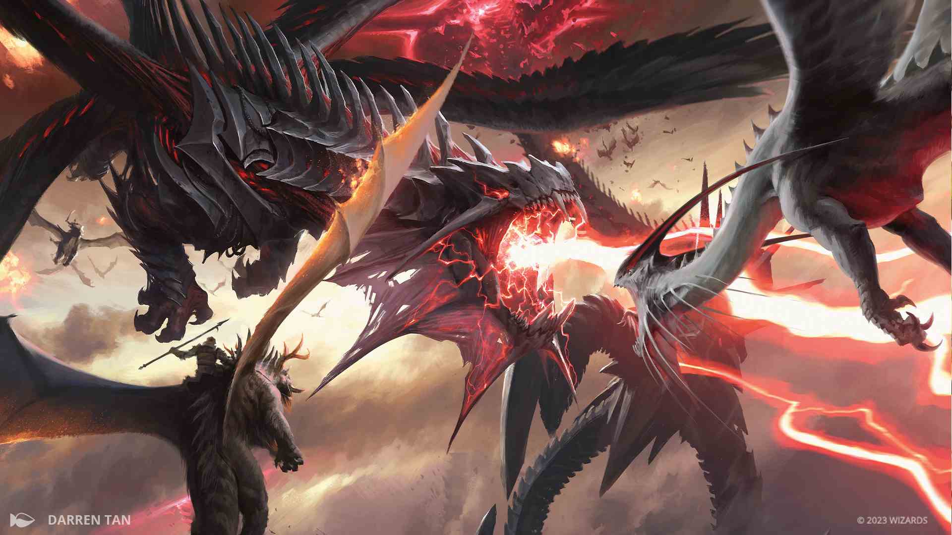 Deux dragons dans le ciel sont enfermés dans un combat, l'un respirant de l'énergie électrique rouge sur l'autre