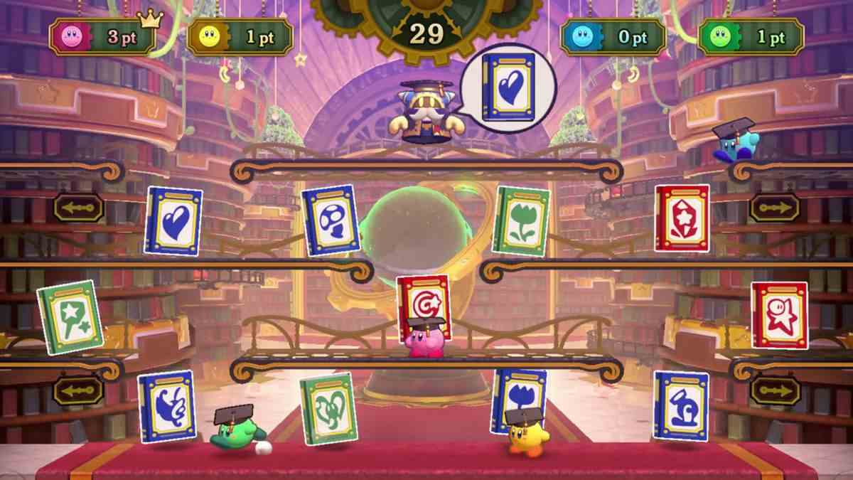 Kirby et ses amis jouent à un jeu de cartes de plateforme dans Kirby's Return to Dreamland Deluxe