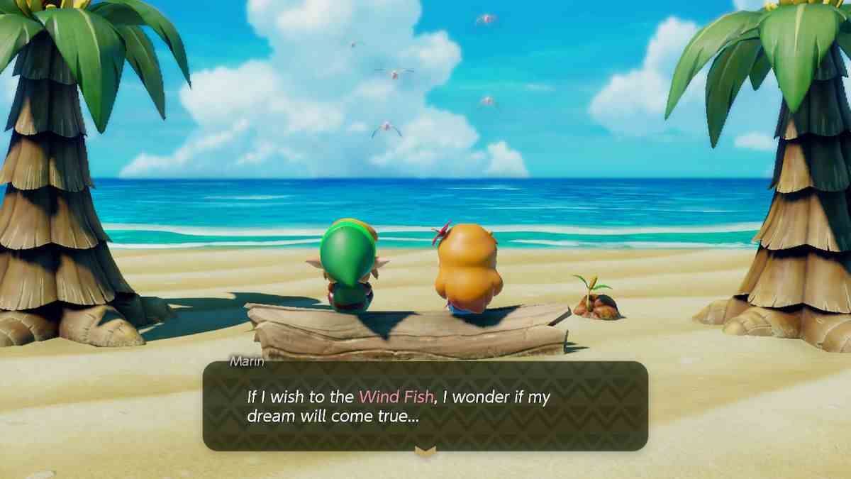 Link est assis à côté de Marin sur une bûche sur la plage dans le remake de The Legend of Zelda: Link's Awakening