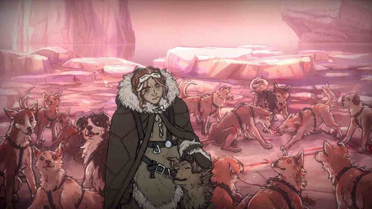 Une femme caresse un de ses chiens sur la glace dans The Pale Beyond