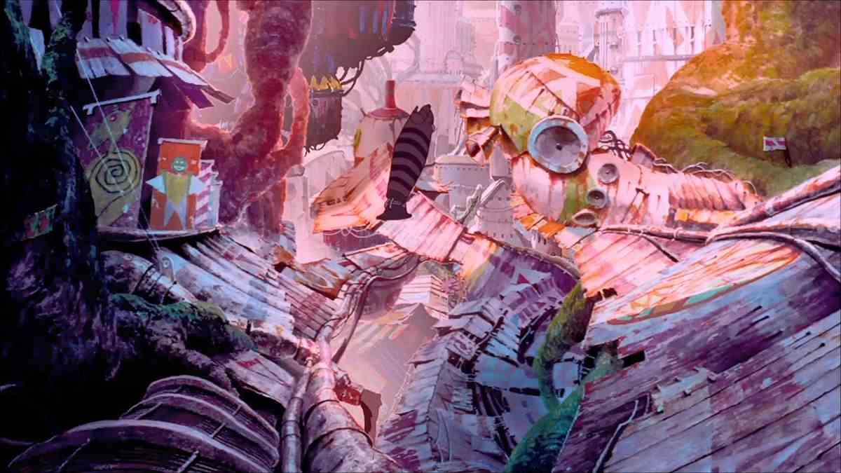 Un plan large animé d'une ville futuriste délabrée faite de tôles jetées peintes avec des graffitis colorés du court métrage d'animation Noiseman Sound Insect de 1997.
