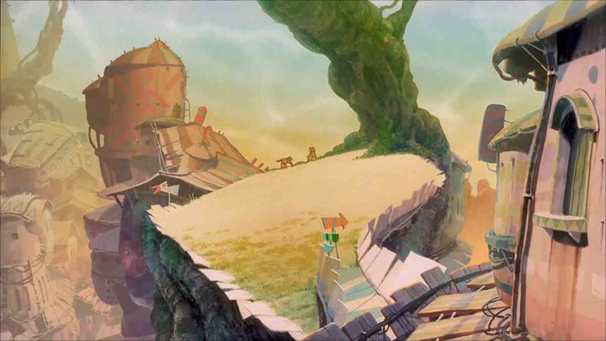 Un plan large animé d'une colline herbeuse perchée au sommet d'une flèche chancelante de tôle et de poutres en fer forgé du court métrage d'animation Noiseman Sound Insect de 1997.