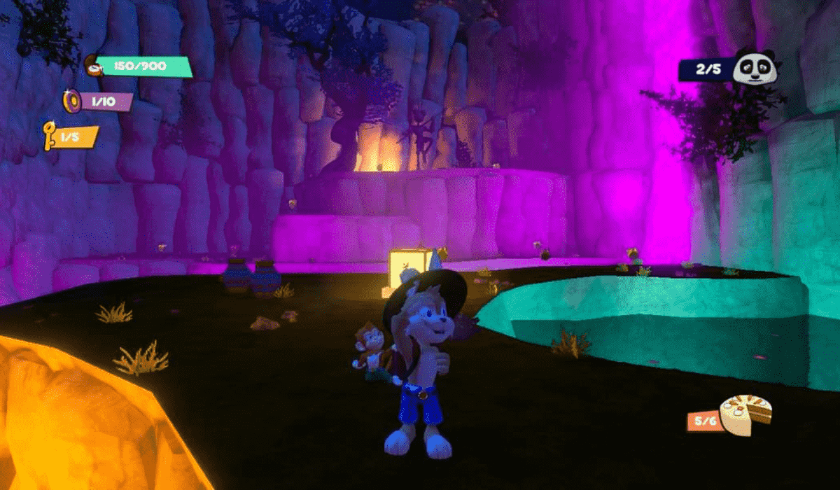 Une scène dans une grotte sombre éclairée par une lumière fluorescente violette, verte et jaune.  Un mur de roche est à l'arrière-plan avec une statue de mante et une piscine verte à droite.  Clive le lapin et Wrench le singe se tiennent devant une lanterne en papier en admirant la vue.