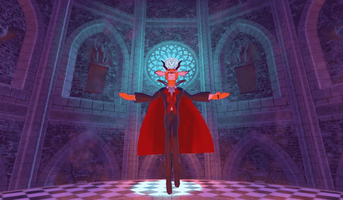 Une scène à l'intérieur d'un château gothique.  Un impala déguisé en comte Dracula flotte au-dessus d'un sol carrelé, les bras tendus.  Un vitrail bleu est en arrière-plan.