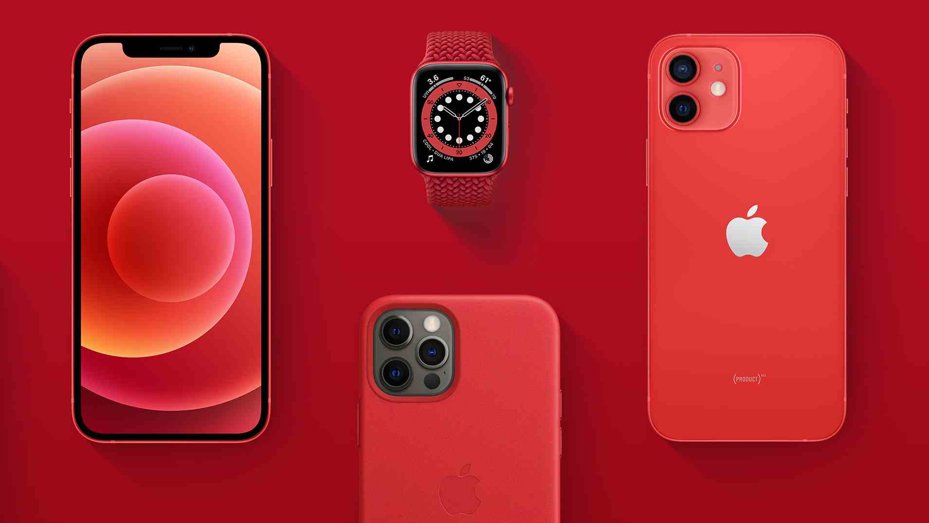 Une gamme de produits Apple Product Red sur fond rouge
