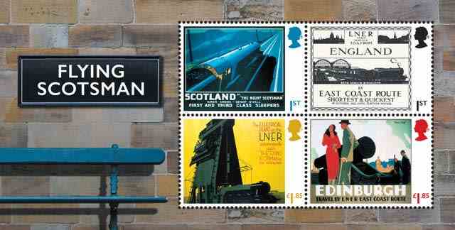 Quatre des 12 nouveaux timbres pour marquer le 100e anniversaire de la locomotive à vapeur Flying Scotsman 