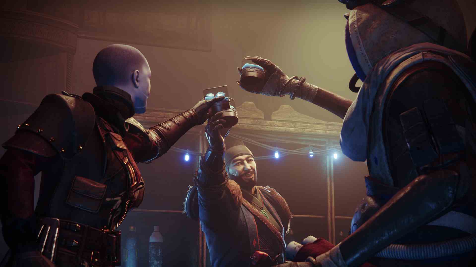 Destiny 2 Season of Plunder Drifter, Guardian et Eido célèbrent avec des boissons