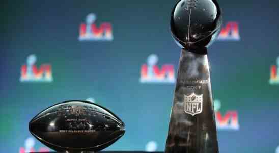 LOS ANGELES, CALIFORNIA - FEBRUARY 14: The Pete Rozelle Trophy given to the Super Bowl MVP, and the Vince Lombardi Trophy are seen during the Super Bowl LVI head coach and MVP press conference at Los Angeles Convention Center on February 14, 2022 in Los Angeles, California. (Photo by Katelyn Mulcahy/Getty Images)