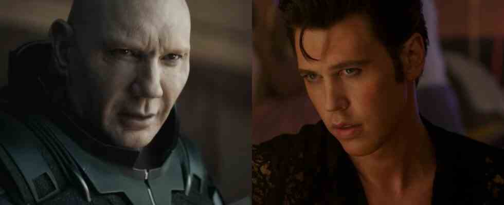 Dave Bautista as Rabban in Dune and Austin Butler in Elvis, pictured side-by-side.