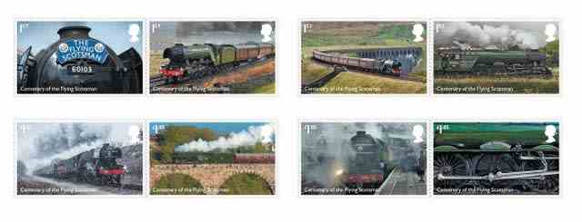 Huit des 12 nouveaux timbres pour marquer le 100e anniversaire de la locomotive à vapeur Flying Scotsman