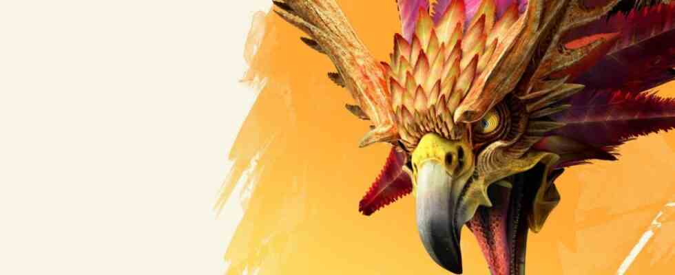 The head of a gigantic bird with colorful plumage
