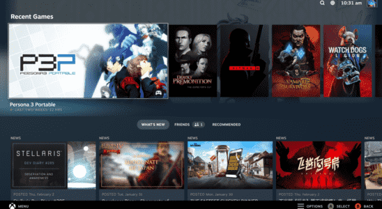 The new Steam Deck UI, showing a row of recently-played games atop a row of recent news updates.