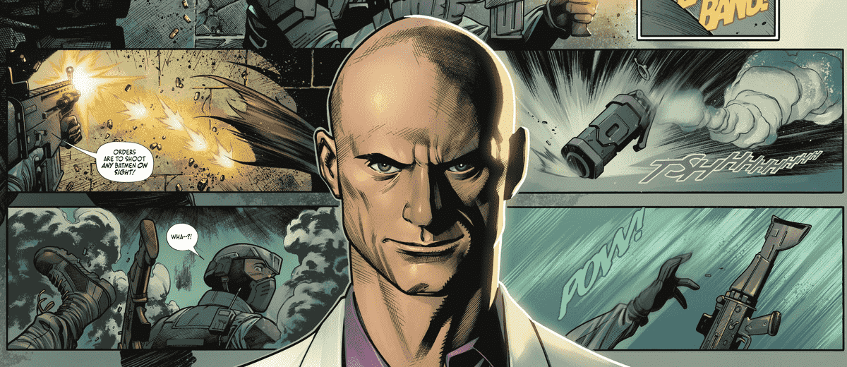 Le visage de Lex Luthor, superposé à des hommes armés prenant une cible, de Batman # 119 (2022).