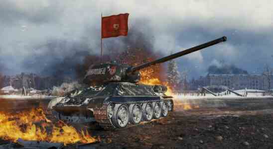 A soviet tank waving a banner against an explosion