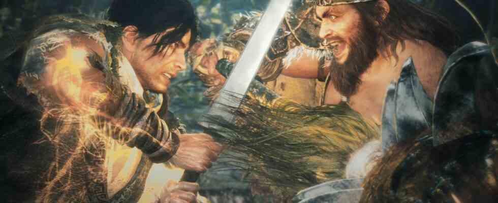 two warriors clashing, face to face with swords locked