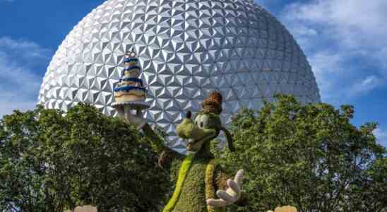 ORANGE COUNTY, FLORIDA, USA - MAY 30: A view of a topiary display of Goofy with Spaceship Earth in the background during the Flower and Garden Festival at Epcot at Walt Disney World in Orange County, Florida on May 30, 2022. Walt Disney World is celebrating its 50th anniversary all of 2022. (Photo by Joseph Prezioso/Anadolu Agency via Getty Images)