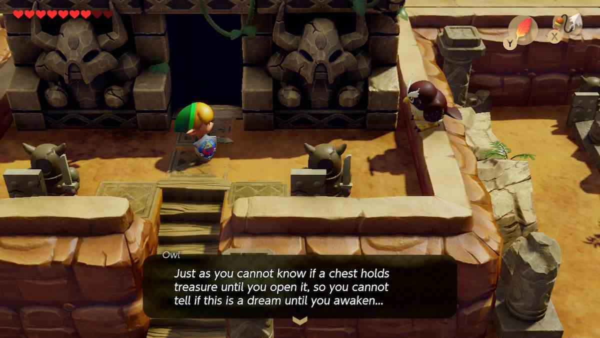 Link parle à la chouette Kaepora Gaebora dans The Legend of Zelda : Link's Awakening remake sur Switch