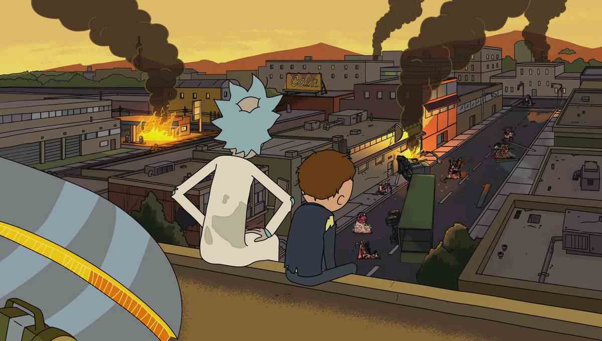 Rick et Morty, qui portent un costume, s'assoient loin de la caméra, les jambes pendantes d'un bâtiment alors qu'ils regardent une ville décimée en feu