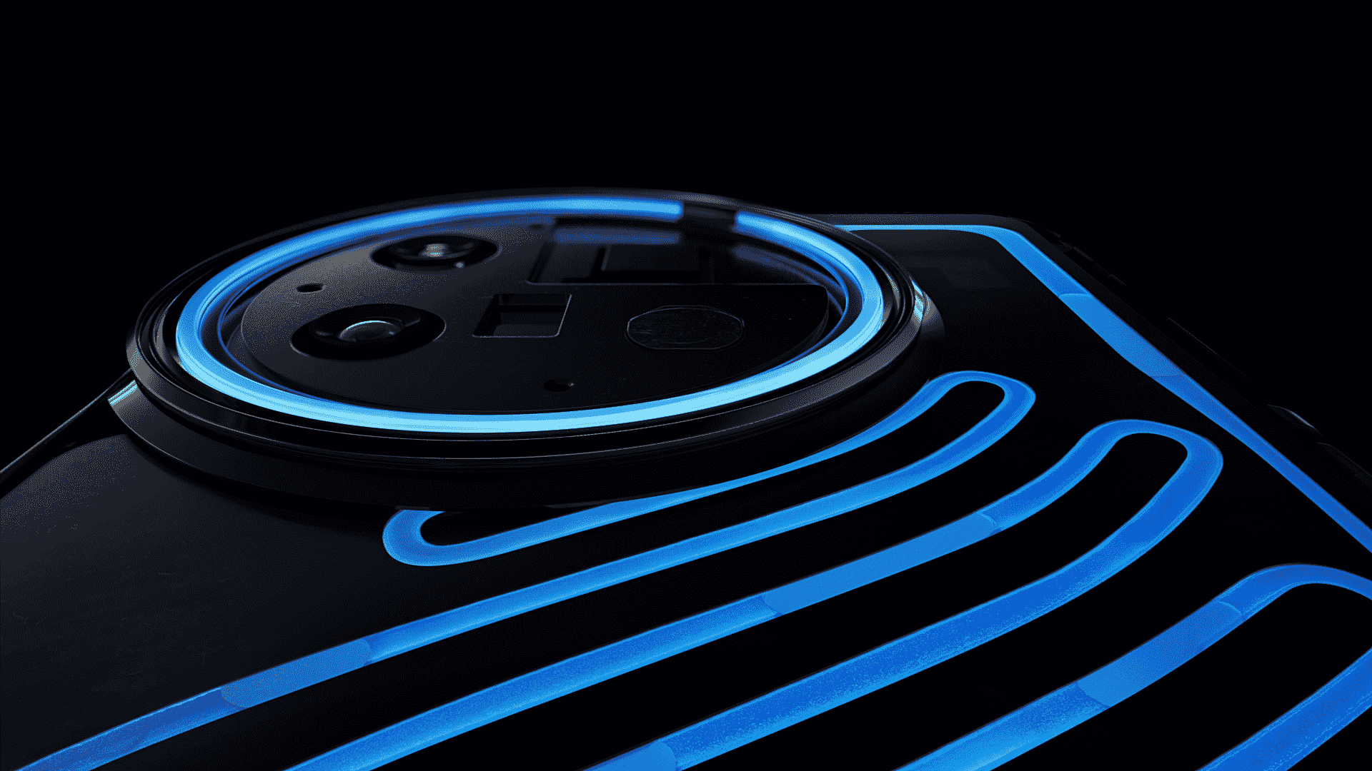 Une image d'accroche du OnePlus 11 Concept, montrant des tuyaux bleus lumineux s'enroulant vers le module de caméra, qui semble avoir trois ouvertures rondes et une carrée