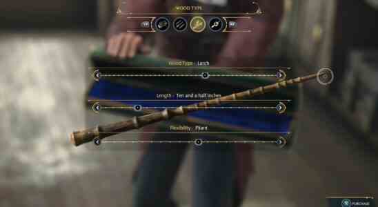 Hogwarts Legacy wand customization screen, type, length, flexibility