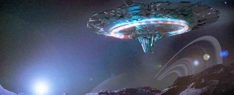Alien starship travelling through deep space viewed from nearby planet surface