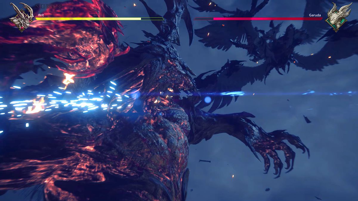 L'Eikon Ifrit se termine pour lancer une boule de feu sur un Garuda volant dans une bataille Eikon Clash de Final Fantasy 16