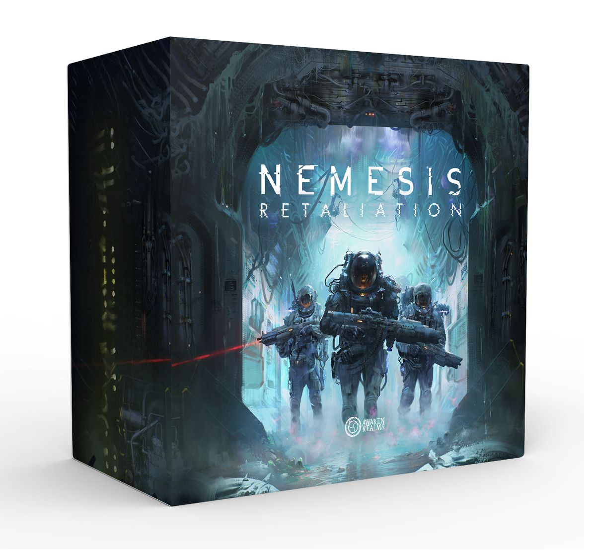 Une maquette pour le Nemesis: Retaliation box art montre des space marines lourdement blindés dans des combinaisons de pression.
