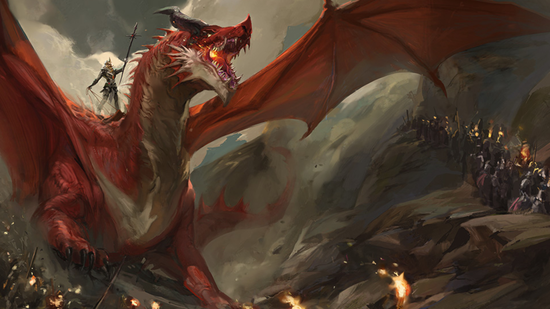 Un cavalier au sommet d'un dragon rouge dirige une armée dans Dragonlance: Shadow of the Dragon Queen