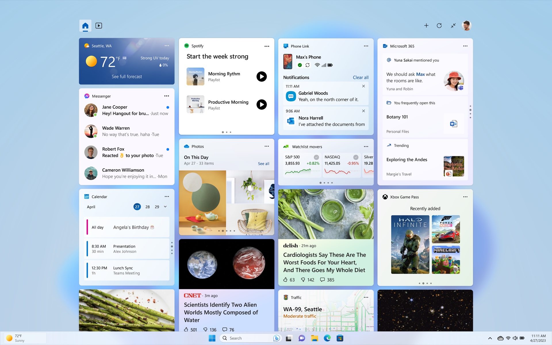 Les widgets Facebook Messenger, Spotify, Xbox Game Pass et Phone Link ajoutent un peu de fonctionnalité à l'écran des widgets dominé par Microsoft Start.