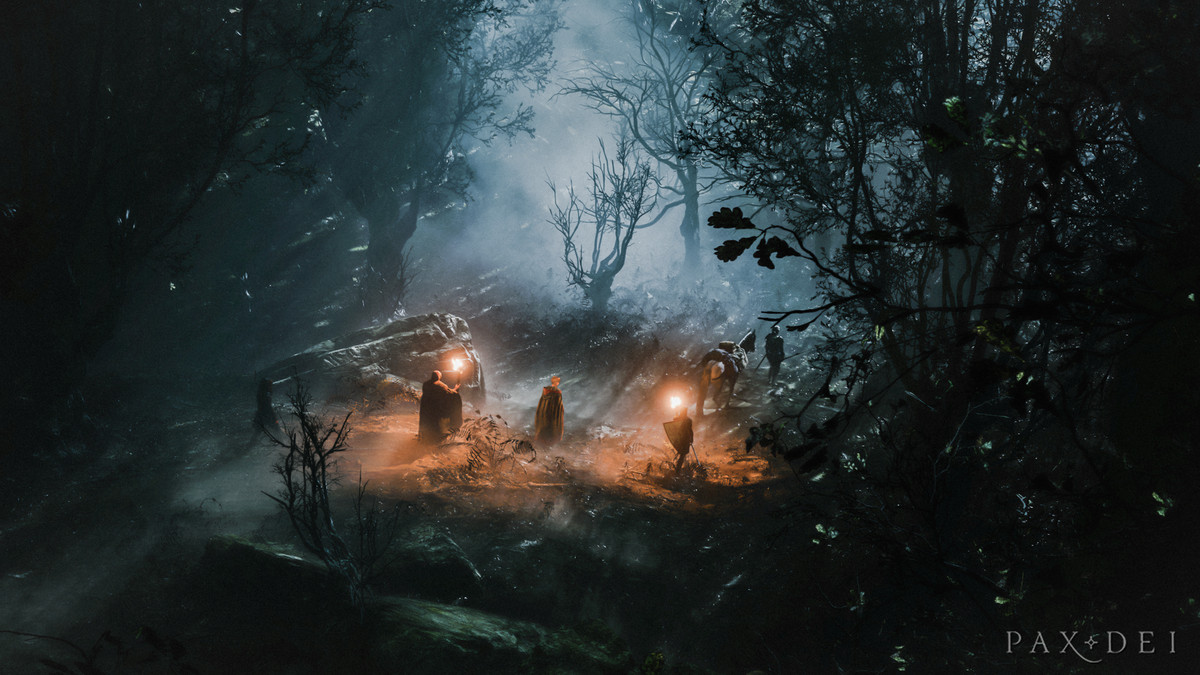 Un groupe d'aventuriers avec un cheval tient des torches au bord d'une clairière brumeuse la nuit.