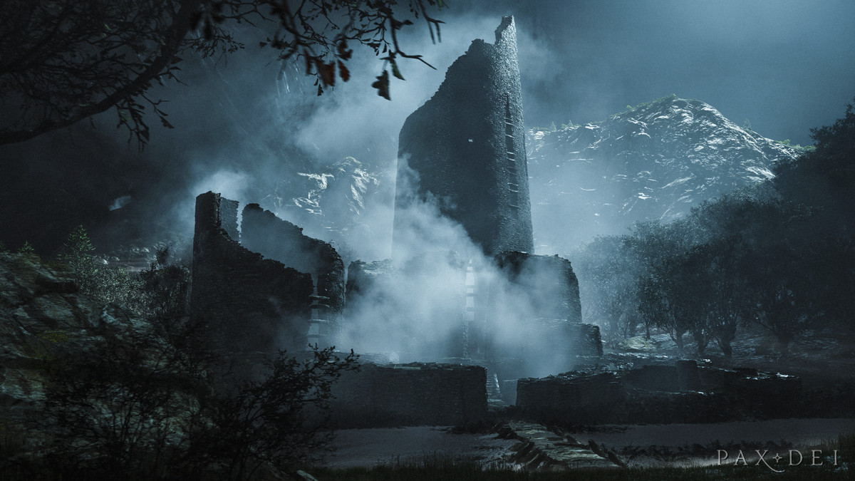 Un château vaguement irlandais, ses tours coupées à 45 degrés.  Une brume enveloppe la structure, révélant un petit pont à son entrée.