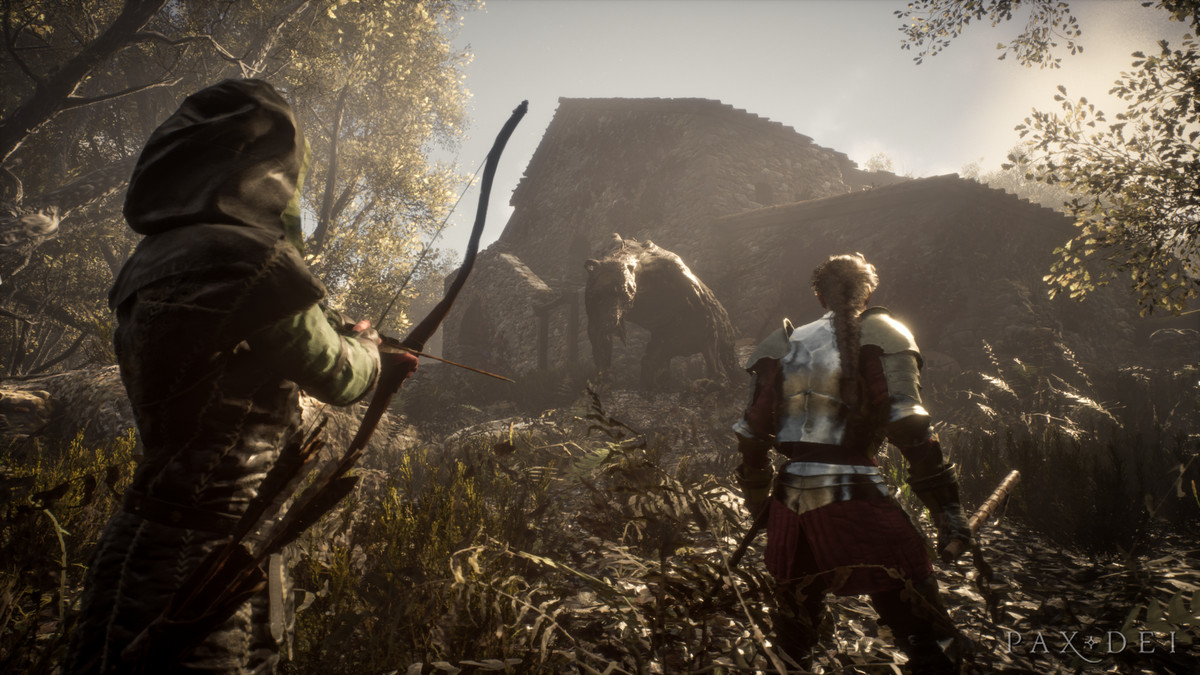 Les joueurs s'alignent contre une monstruosité ressemblant à un ours qui s'est cachée dans une ruine en pierre des champs.