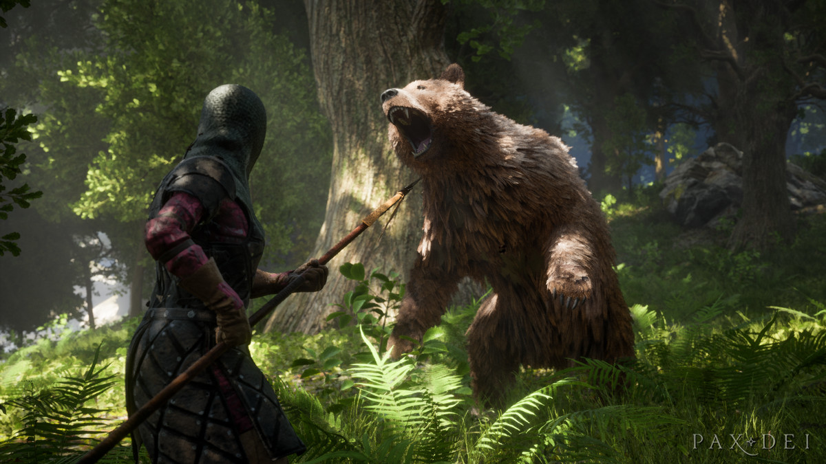 Un joueur avec une lance combat un ours dans une forêt.
