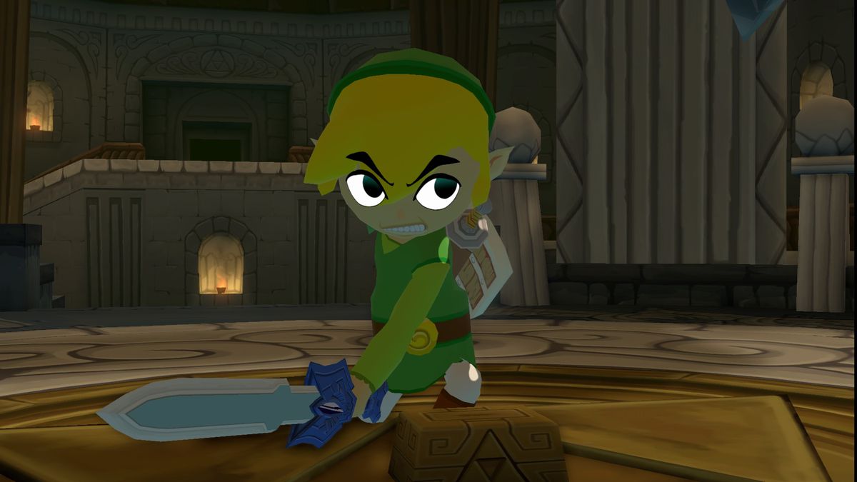 Lien de The Legend of Zelda: The Wind Waker tenant une épée et ayant l'air très dur