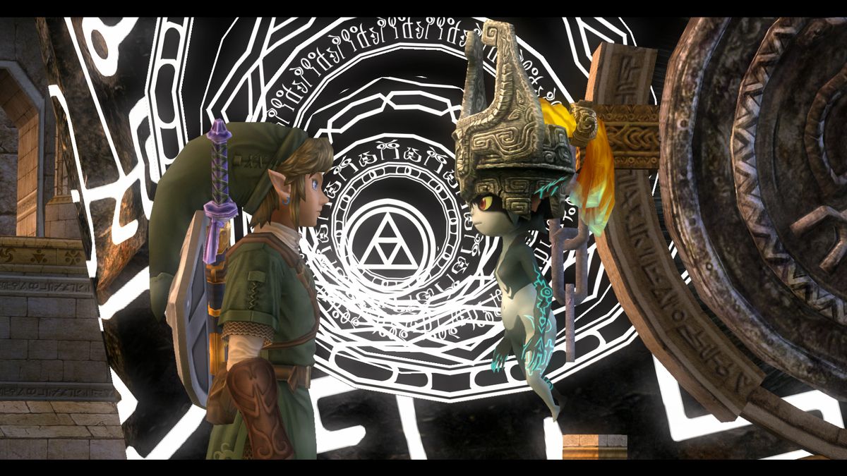 Link et Midna de The Legend of Zelda : Twilight Princess debout devant un portail.