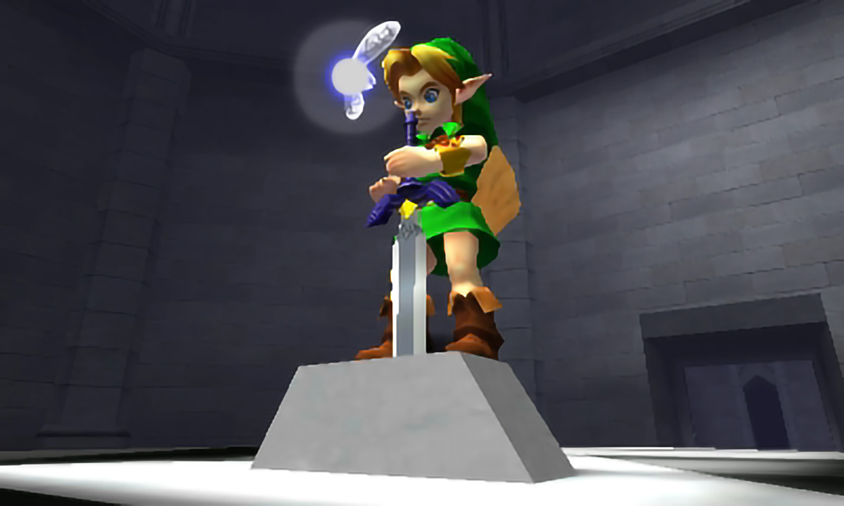 The Legend of Zelda: Ocarina of Time Capture d'écran 3D de Link tirant l'épée maîtresse d'une pierre.  Navi fait le tour utilement.