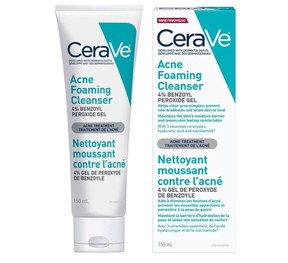 Nettoyant moussant pour le traitement de l'acné au peroxyde de benzoyle CeraVe à 4 pour cent.