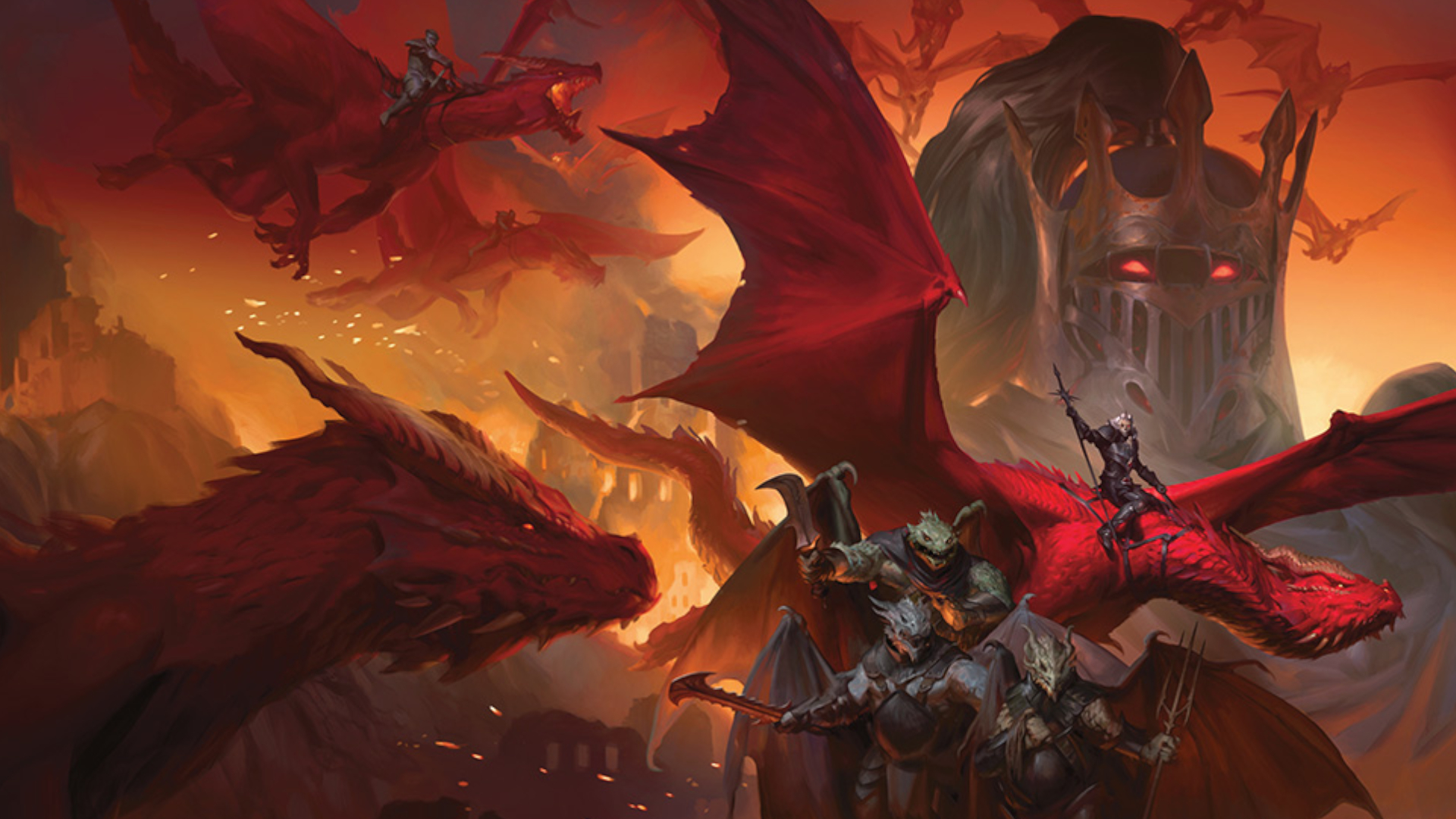 Une collection de guerriers et de dragons se profile dans la couverture de Dragonlance: Shadow of the Dragon Queen