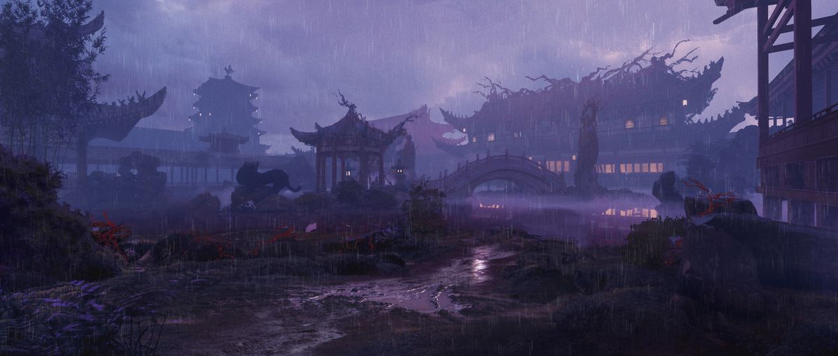 une cour balayée par la pluie dans Wo Long: Fallen Dynasty
