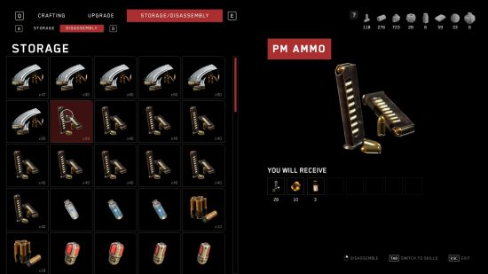 Astuces Atomic Heart: Le menu de démontage, avec des munitions de pistolet sélectionnées montrant les matériaux d'artisanat que vous pouvez recevoir en les décomposant.