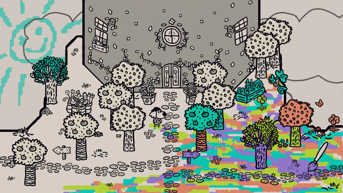 Le personnage du joueur quitte la maison de Chicory dans Chicory: A Colorful Tale
