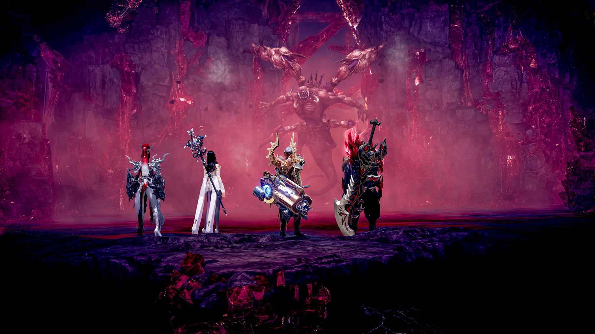Captures d'écran de Lost Ark PC montrant quatre joueurs faisant la queue contre une créature boss