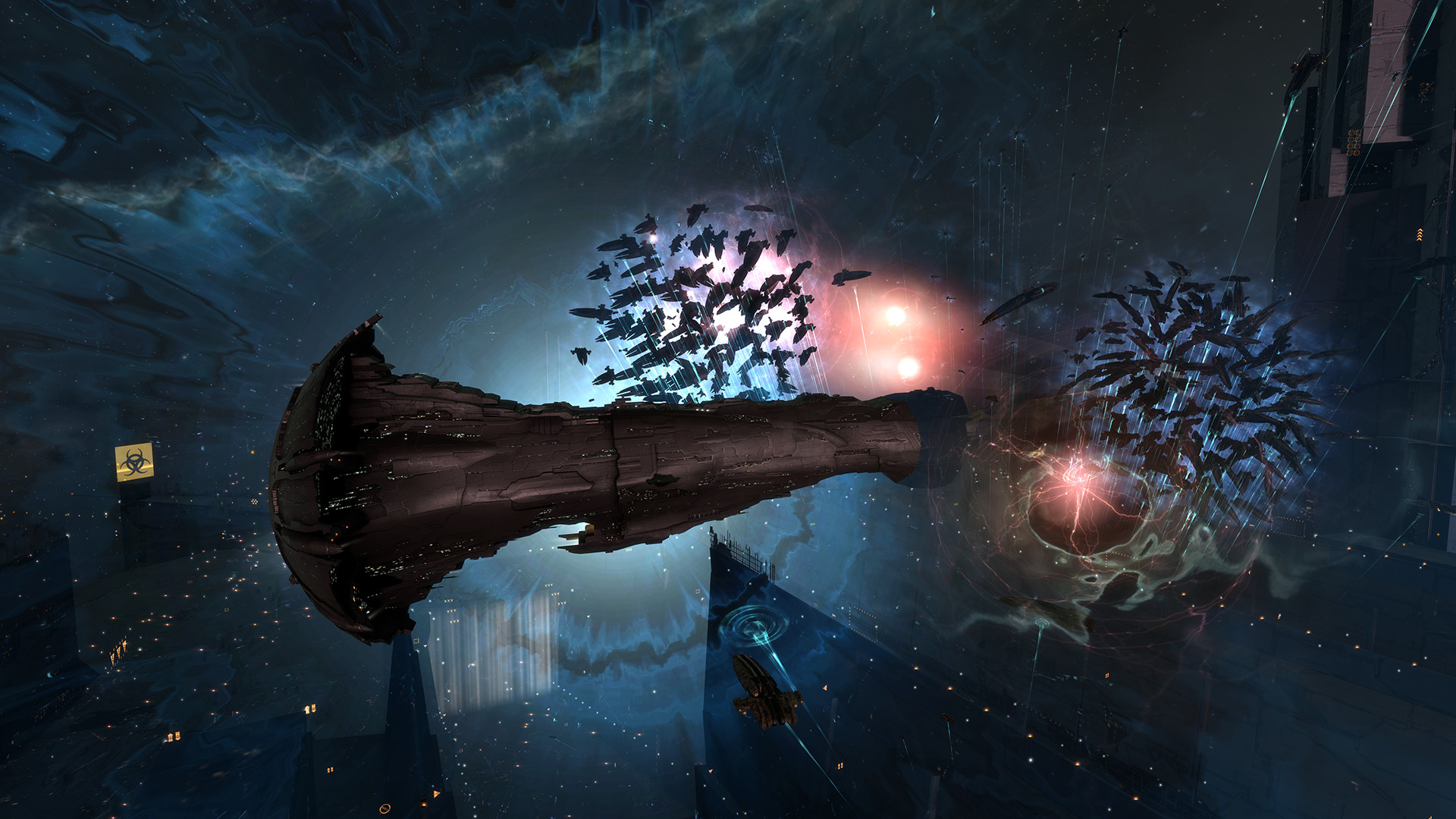 Capture d'écran d'Eve Online montrant plusieurs navires convergeant avant une bataille en ligne à grande échelle