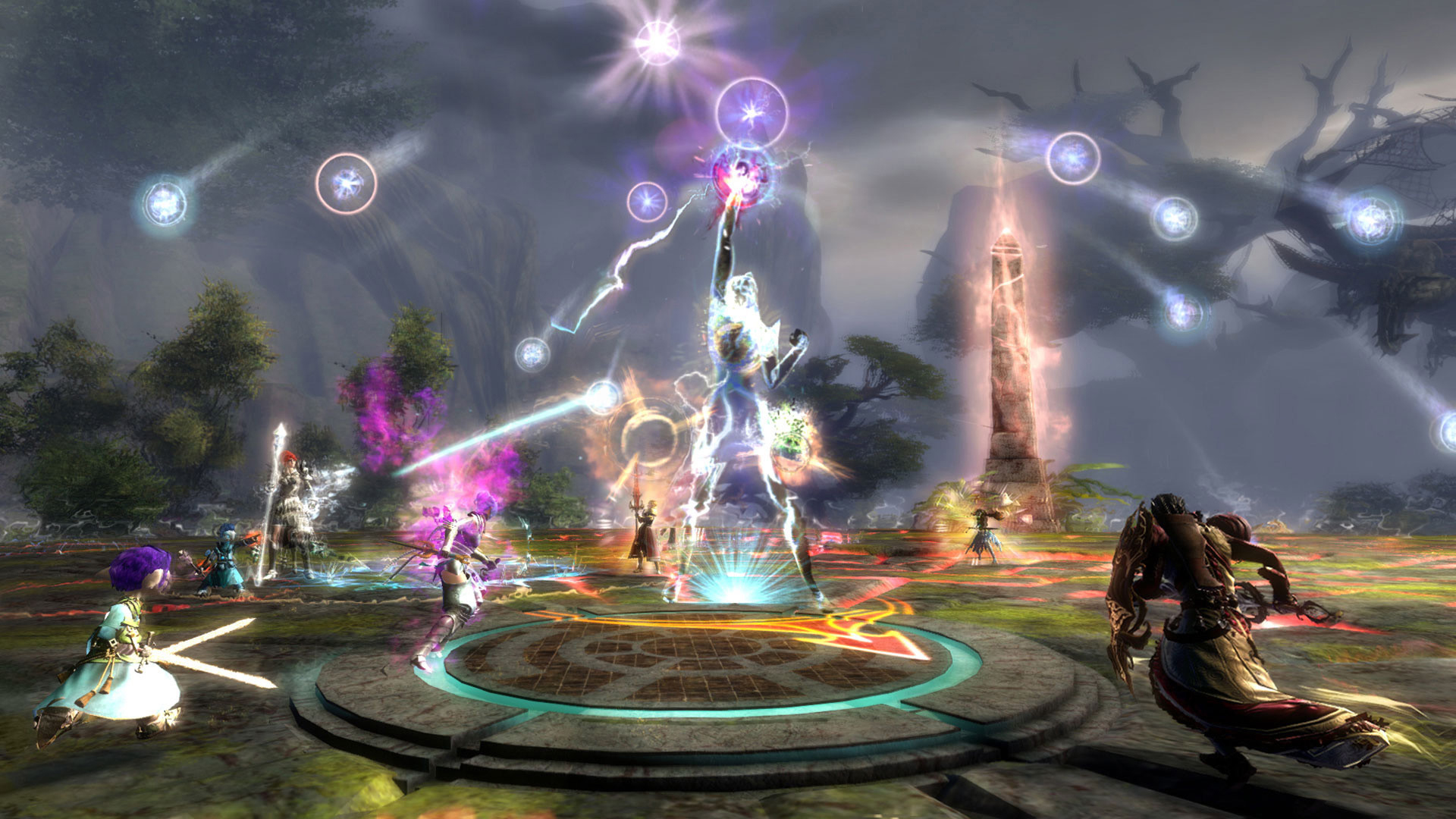 Capture d'écran de Guild Wars 2 qui montre des joueurs utilisant la magie pour s'attaquer à un ancien mal lors d'un raid