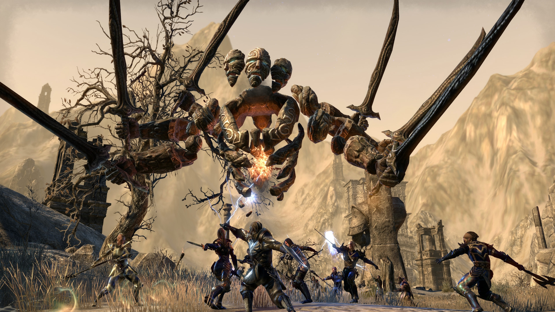Capture d'écran de The Elder Scrolls Online montrant plusieurs héros se réunissant pour combattre une bête ESO