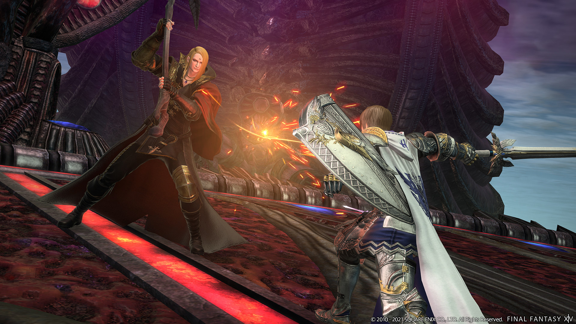 Capture d'écran de Final Fantasy 14 montrant deux personnages se battant dans une cinématique épique de FF14