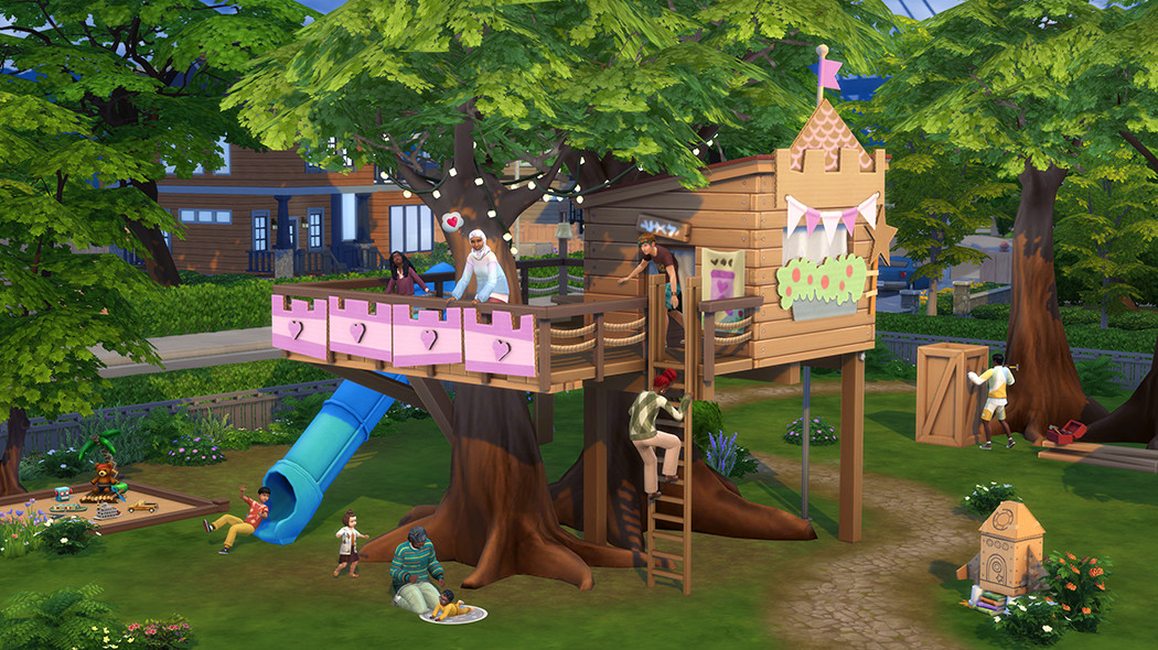 Une cabane dans les arbres dans le pack d'extension Les Sims 4 : Grandir ensemble.  Il est décoré de cœurs et d'autres jolies découpes, et quelques Sims s'y tiennent.