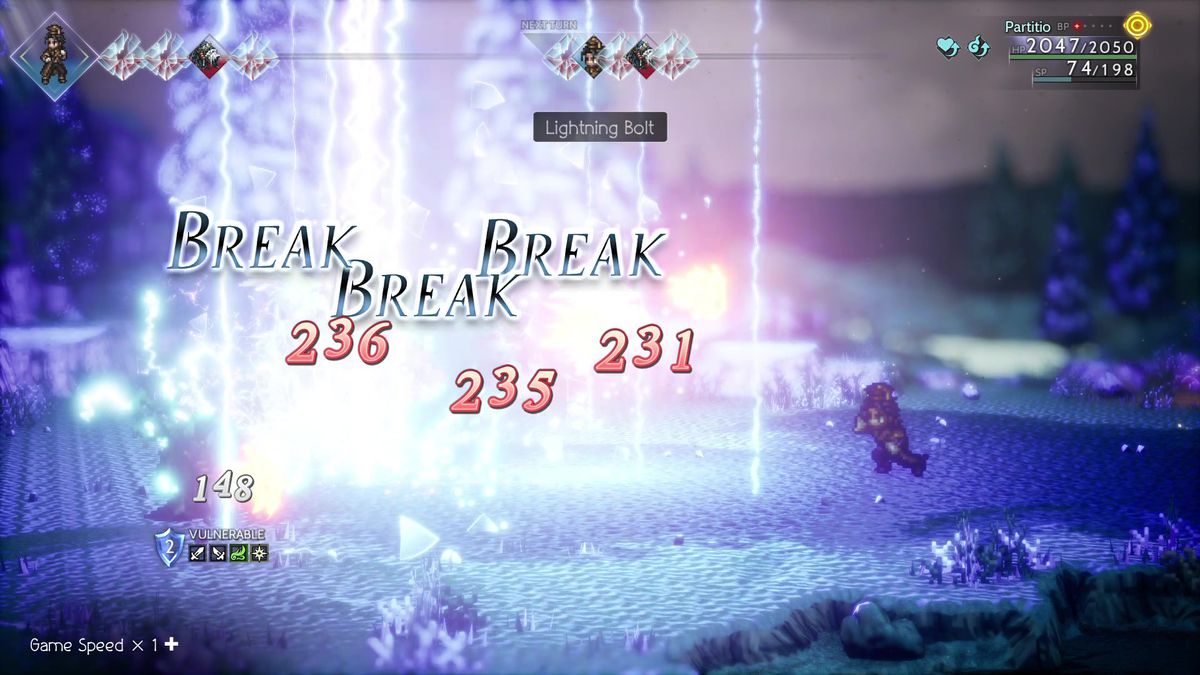 Un personnage frappe trois ennemis avec une puissante attaque magique, et le mot BREAK apparaît trois fois, au combat dans Octopath Traveler 2