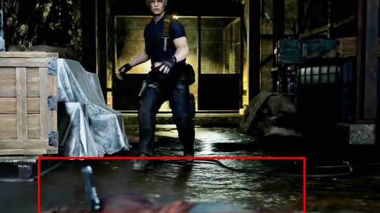 La bande-annonce de Resident Evil 4 Remake cache un œuf de Pâques inquiétant: une capture d'écran de la bande-annonce de Resident Evil 4 Remake montrant Leon et une boîte de surbrillance rouge