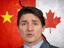 Conflit entre la Chine et le Canada.  Drapeaux de pays sur un mur brisé.  Illustration.